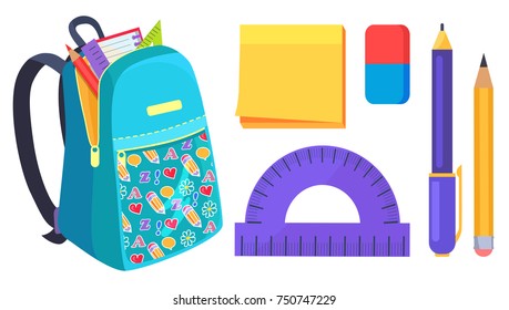 Open school bag with stationary elements pencil, paper notebook, triangular ruler, pencil and pen, notepaper nearby vector illustration isolated on white