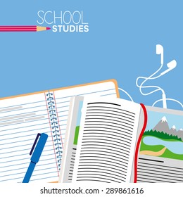 Open school book and ruler book. Studies at school or at home with flat design elements. Vector and illustration design.