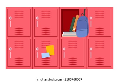 Open School Locker With A Stack Of Books Inside And School Backpack On The Door. Personal Boxes For Storing School Supplies. Interior Element Design Of A School Corridor. Flat Vector Illustration