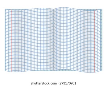 Open school notebook with chequered cells isolated on a white background, vector illustration