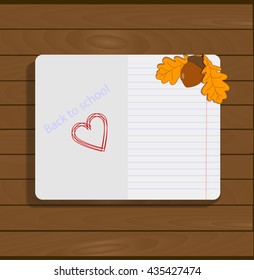 open school notebook lies on a wooden school Desk. Template for decoration and design. Child background school. Education vector illustration