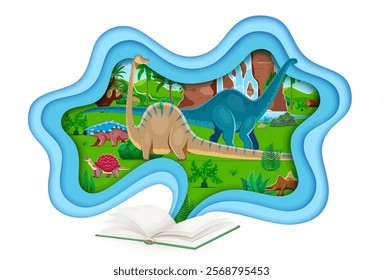 Open school textbook with paper cut prehistoric dinosaurs landscape, vector education. Cartoon funny dino animals with open book in 3d frame of paper cut layered borders. Cute dinosaurs near waterfall