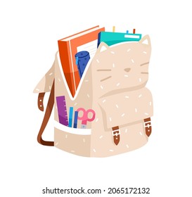 Open schoolbag packed with school stationery. Bag with books, pens in pocket. Backpack with supplies. Kitty-shaped knapsack with ears. Colored flat vector illustration isolated on white background