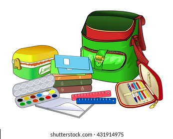 Open schoolbag. School supplies and textbooks. Goods for children's creativity. A container for storage of lunch. Pencil case with handles. Vector.