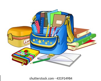 Open schoolbag. School supplies and textbooks. Goods for children's creativity. A container for storage of lunch. Pencil case with handles. Vector.