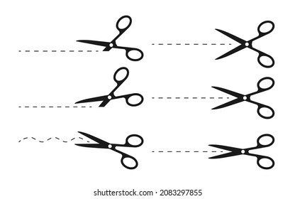 Open scissor black silhouette with cut lines set. Icons template of scissors with dashed line for cutting paper, discount coupon or marck. Cut out line logo icon Isolated on white vector illustration