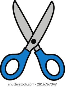 Open scissors with blue plastic handles, silver metal blades, a central pivot, and bold black outlines.