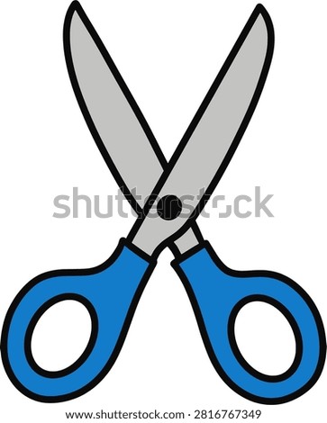 Open scissors with blue plastic handles, silver metal blades, a central pivot, and bold black outlines.