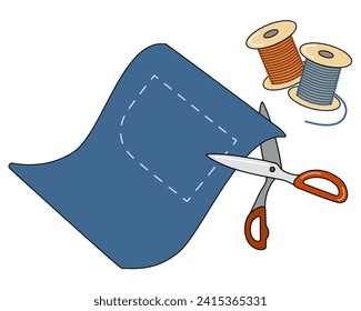 Open scissors cutting a blue fabric on a white background with two spools of thread. Vector illustration for sewing, print.