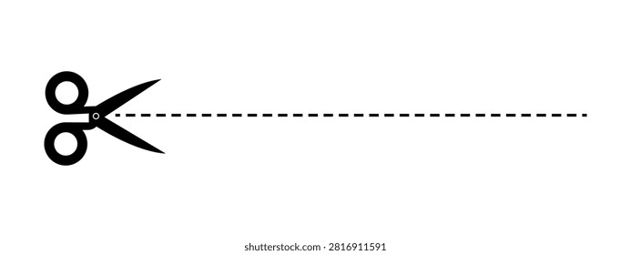 Open Scissors with dotted line for cutting icon. Sewing, tailor and cutoff symbol. Dotted dash cutting line guide with scissors. Trajectory of the cut with scissors isolated on transparent background