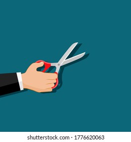 open Scissors holding in hand. isolated on green background. Vector illustration flat design