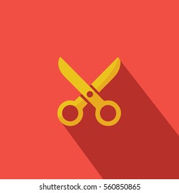 open scissors icon in the Center of the page & shadow with a warm colors illustration isolated in a red background
