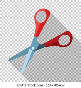 Open scissors icon in flat style with long shadow on transparent background