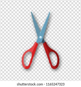 Open scissors icon with red handle in flat style with soft shadow