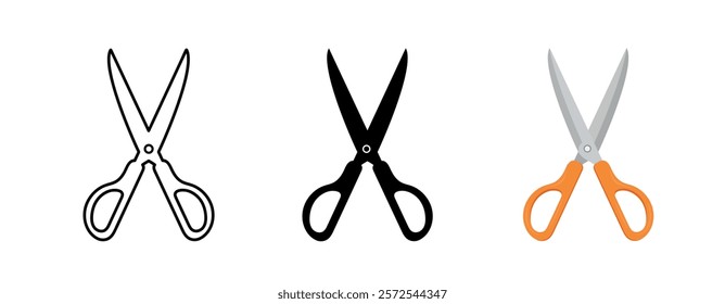 Open scissors icon set. orange scissors symbol. Black filled cutting tool symbol. Contour illustration of scissors. On white isolated background