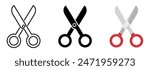 Open scissors icon set. Red scissors symbol. Black filled cut tool sign. Outline shear illustration.