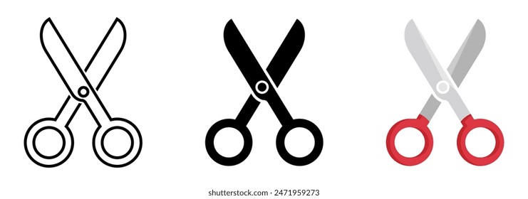 Open scissors icon set. Red scissors symbol. Black filled cut tool sign. Outline shear illustration.