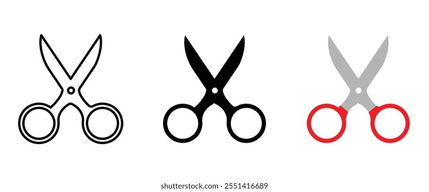 Open scissors icon set. Red scissors symbol. Black filled cut tool sign. Cut symbol. Paper clippers Shears sign. Hairdresser pictogram vector illustration.