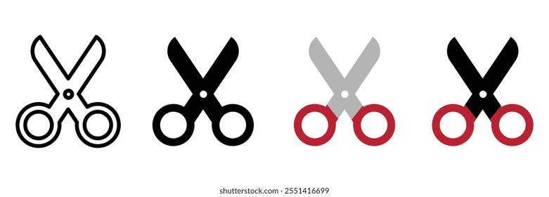 Open scissors icon set. Red scissors symbol. Black filled cut tool sign. Cut symbol. Paper clippers Shears sign. Hairdresser pictogram vector illustration.