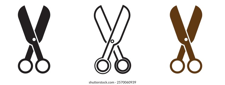 Open scissors icon set. Red scissors symbol. Black filled cut tool sign. Outline shear illustration.