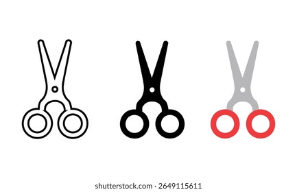 Abrir conjunto de ícones de tesoura. Símbolo de tesoura vermelha. Sinal de ferramenta de corte preenchido preto. Ilustração do contorno do corte.