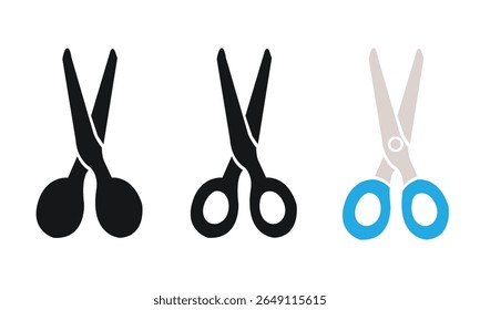 Abrir conjunto de ícones de tesoura. Símbolo de tesoura vermelha. Sinal de ferramenta de corte preenchido preto. Ilustração do contorno do corte.