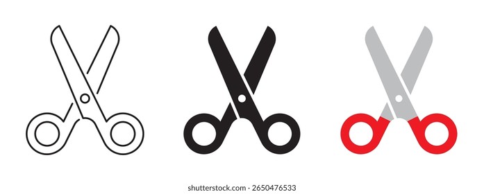 Abrir conjunto de ícones de tesoura. Símbolo de tesoura vermelha. Sinal de ferramenta de corte preenchido preto. Ilustração de corte de contorno