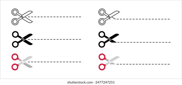 Open scissors line icon set. Red scissors symbol. Cut it sign. Cut line illustration.