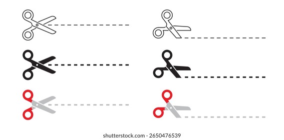 Open scissors line icon set. Scissors line cutter set page cross black icon vector, Paper cut icon with dotted line. Vector scissors. Vector set of cutting scissors