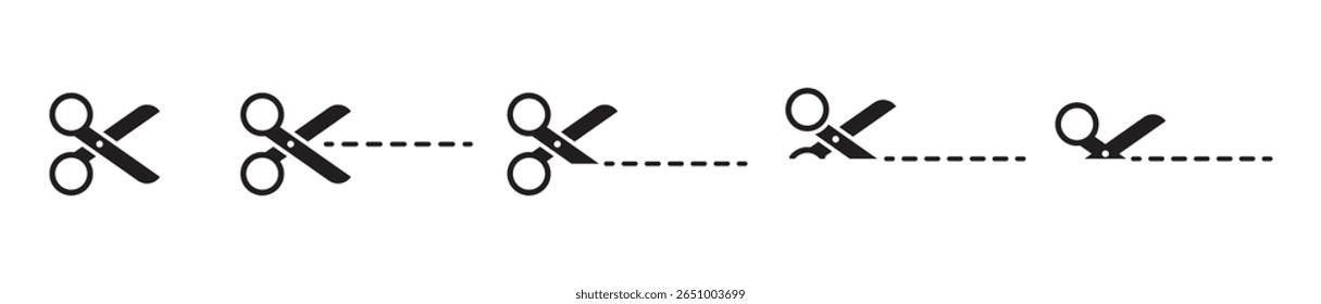 Open scissors line icon set. scissor with cut line icon. dotted dash cutting line symbol. paper dash cut mark icon. scissor trim line icon.