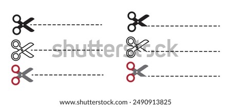 Open scissors line icon set. Scissors line cutter set page cross black icon vector, Paper cut icon with dotted line. Vector scissors. Vector set of cutting scissors.