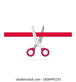 Open scissors with ribbon. Cutting red ribbon with pair of scissors. Flat metallic scissors with red grip. Opening event or ceremony flat style vector illustration.