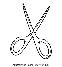 Offene Schere. Schulartikel, Bürobedarf. Doodle. Handgezeichnete schwarz-weiße Vektorgrafik. Die Designelemente sind einzeln auf weißem Hintergrund