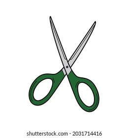 Open scissors. School item, office supplies. Doodle. Hand-drawn Colorful vector illustration. The design elements are isolated on a white background