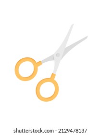 Open scissors with yellow plastic handle. Vector illustration, icon in flat style.