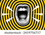 Open screaming mouth in halftone style. Magazine cut out element on a hypnotic black and yellow striped background.