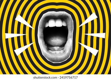 Open screaming mouth in halftone style. Magazine cut out element on a hypnotic black and yellow striped background.