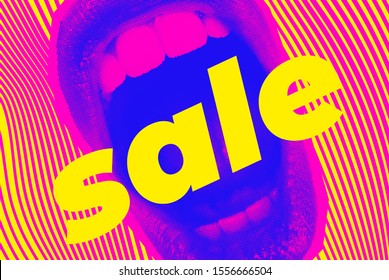 Open Screaming Mouth On A Striped Background. Bright vector collage with universal graphic Elements, Geometric Shapes, Dotted Halftone Object for your design