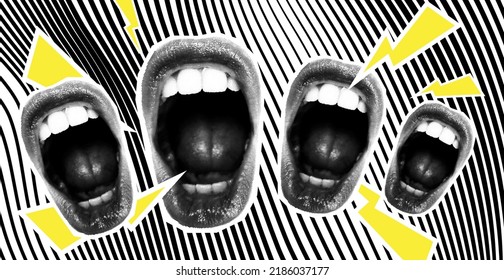 Open Screaming Mouth On A Striped Background. Bright vector collage with universal graphic Elements, Geometric Shapes, Dotted Halftone Object for your design