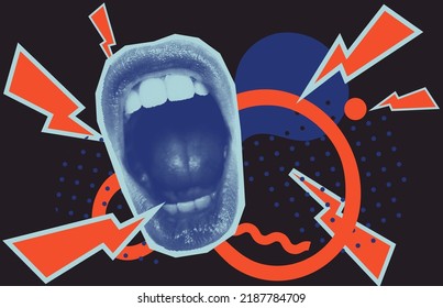 Open Screaming Mouth On A Striped Background. Bright vector collage with universal graphic Elements, Geometric Shapes, Dotted Halftone Object for your design