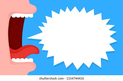 Open screaming mouth with speech bubble.Vector flat cartoon character illustration icon design.  Scream,screaming,talk about sale or discount concept