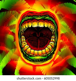 Open screaming mouth with teeth on psychedelic jungle leaves; Shouting singing yawning mouth of woman or man; Jaw drop; Design from ink hand drawing style; Vector background Eps10