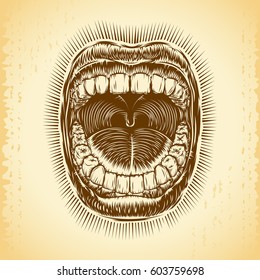 Open screaming mouth with teeth; Shouting singing yawning mouth; Jaw drop; T-shirt print design from vintage tattoo in ink hand drawing style; Vector background Eps8