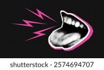 Open screaming mouth in vector halftone collage style. Contemporary advertising banner for sale, promotion and marketing