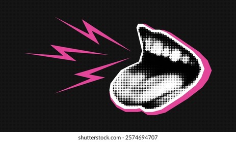 Open screaming mouth in vector halftone collage style. Contemporary advertising banner for sale, promotion and marketing