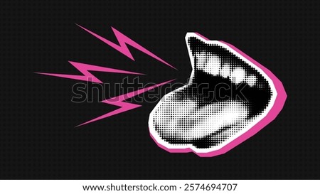 Open screaming mouth in vector halftone collage style. Contemporary advertising banner for sale, promotion and marketing