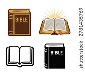 Open scripture book with radiant light, holy bible icons for church service slides, bible study groups, Sunday school promotion materials