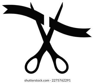 Open scrissor cut ribbon on opening ceremony vector icon. Shear cutting special event tape silhouette. Simple graphic design element. Vector flat illustation. Start presenration concept