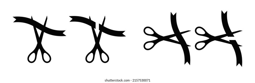 Open scrissors cut ribbon on opening ceremony icon set. Shear cutting special event tape. Simple silhouette graphic design element collection. Vector flat illustation. Start presenration concept