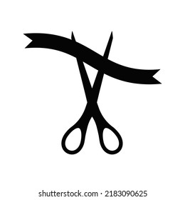 Open scrissors cut ribbon on grand opening ceremony icon. Shear cutting special event tape. Simple silhouette graphic design element. Vector flat illustation. Start presenration concept